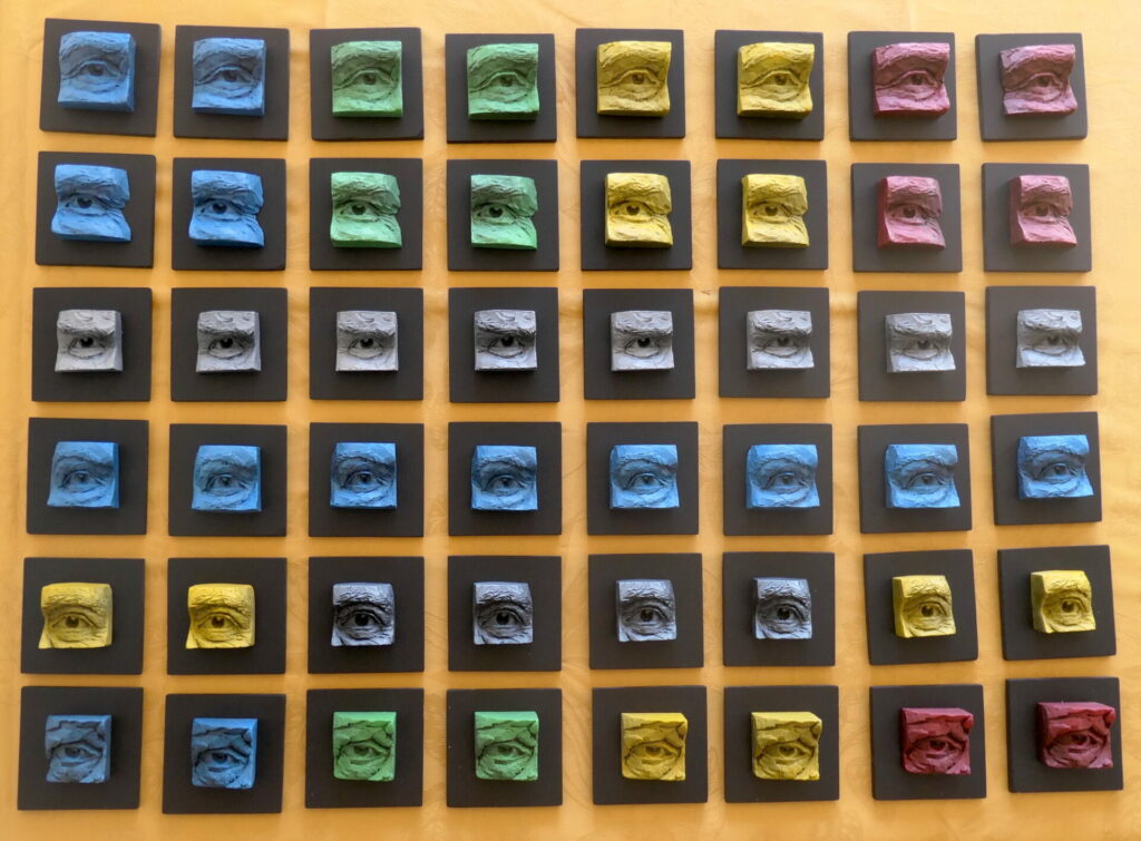 Tracking pixel - vue d'ensemble– Edouard Dullin 2023 – 9,5x9,5x4cm — platre patiné sur bois - 755